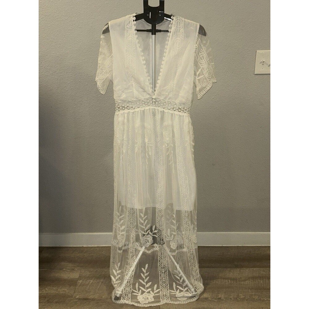 White Lace Boho Maxi Dress Medium M Sheer Embroidered Bridal Shower Engagement